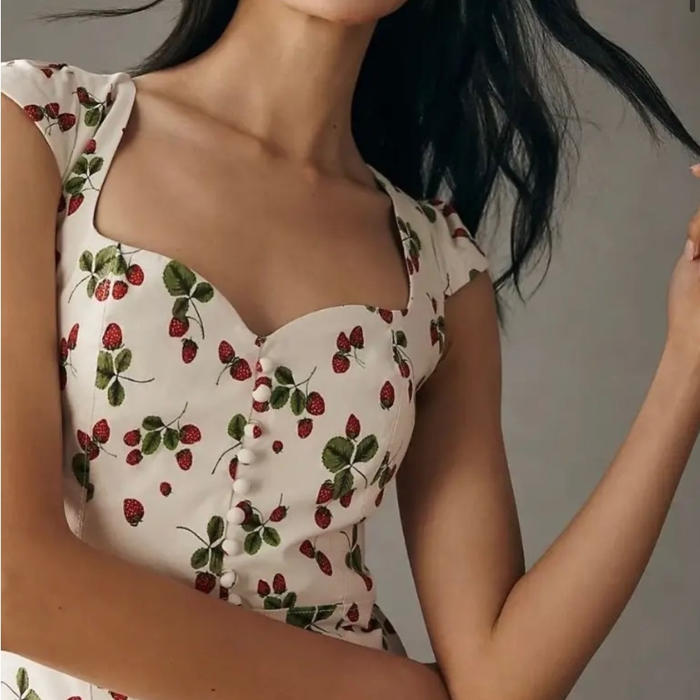 Anthropologie Strawberry Print Dress - Cream and Red